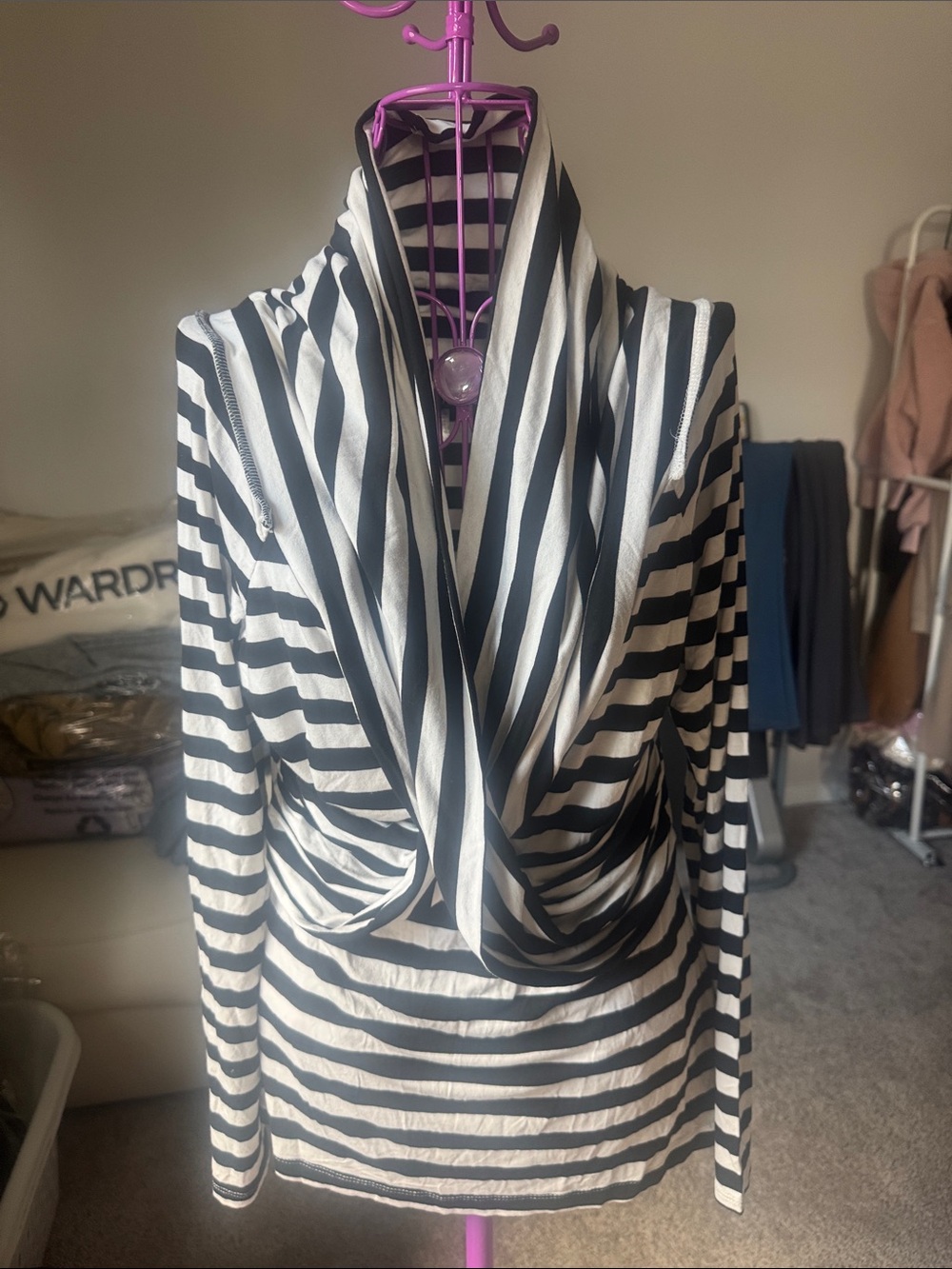 Venus Striped Black and White Draped Cowl-Neck Top